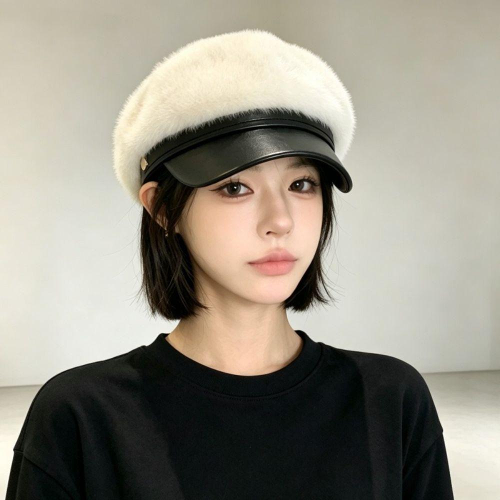 Adjustable Newsboy Cap Faux Mink Fur Navy Hat Vintage Style Faux Fur Hat Winter Daily