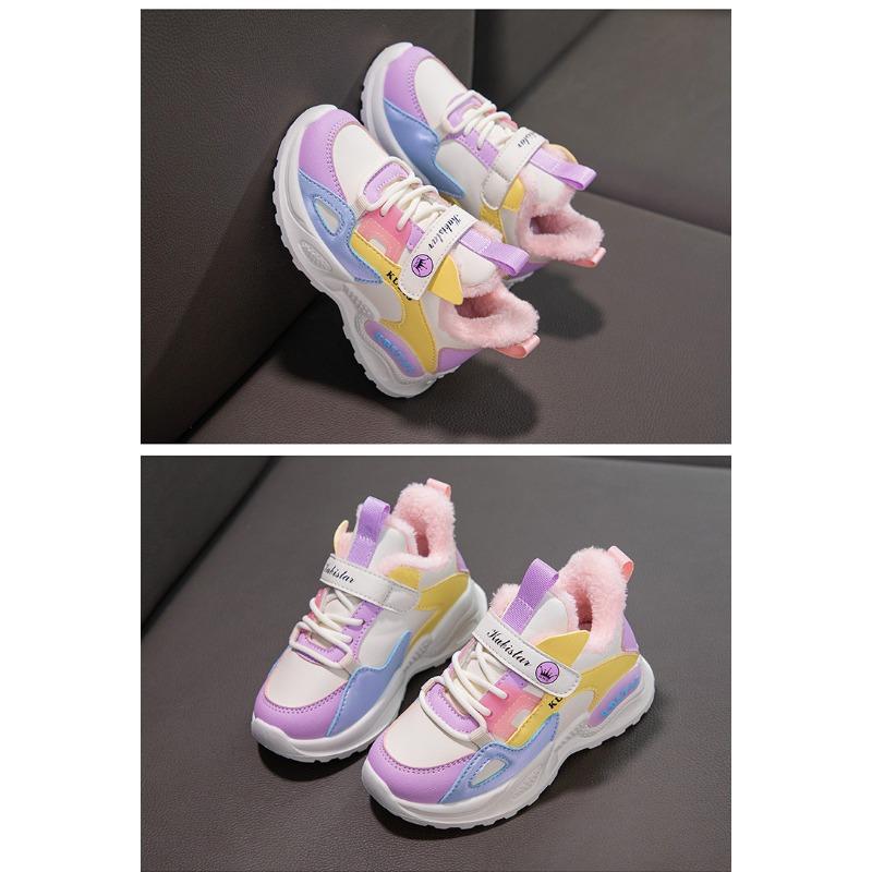 Спортивная обувь для девочек, новые зимние кроссовки с шерстяной подкладкой, для мальчиков начальной школы, хлопковая обувь для девочек, водонепроницаемая