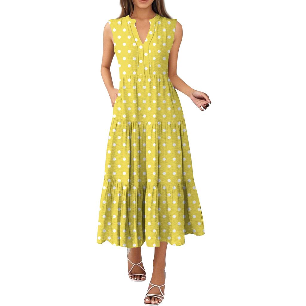 Женские модные летние платья без рукавов с V-образным вырезом и принтом в горошек, плиссированные