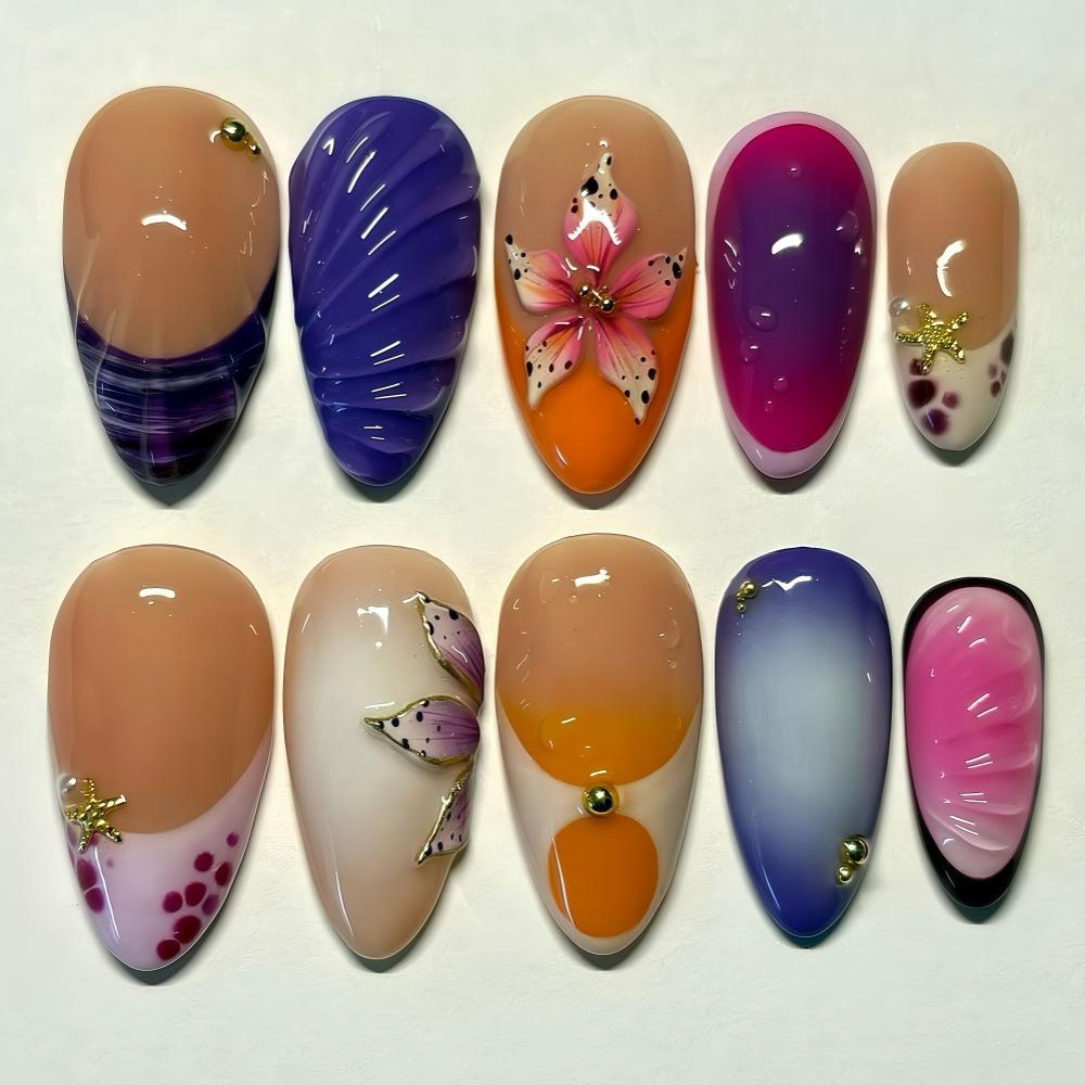 Retro French Three-dimensional Petal Wear Nail Embossed Shell Smudged Long Almond Diamond Manicure Patch