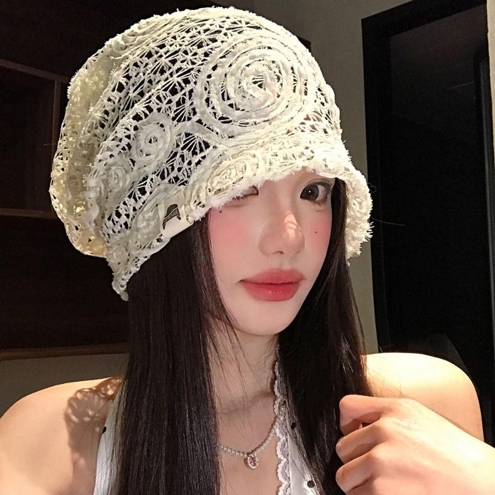 Spicy Girl Hollow Out Flower Beanies Embroidered Weave Knitted Cap Casual Lace Hat Outdoor