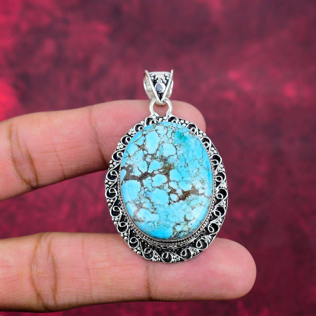 Blue Turquoise Handmade Gemstone Pendant, 925 Solid Sterling Silver Antique Jewelry Pendant, For Engagement Gift