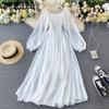 Spring Autumn Women Elegant Holiday Dresses Puff Sleeve Slash Neck Off Shoulder Smocked White Chiffon Dresses
