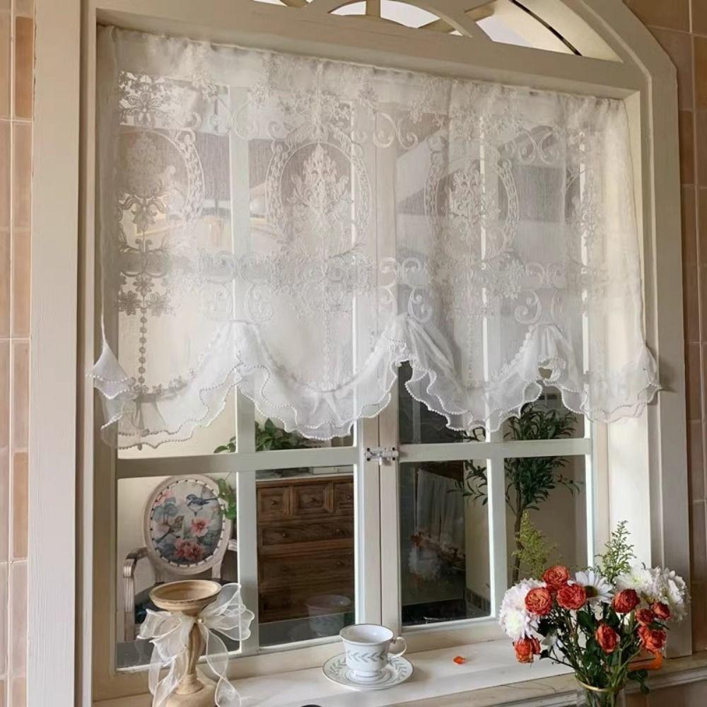 Double Pearls Lace Bottom Beaded Half Yarn Drapes Wavy Edge Floral Short Tulle Drapery Farmhouse