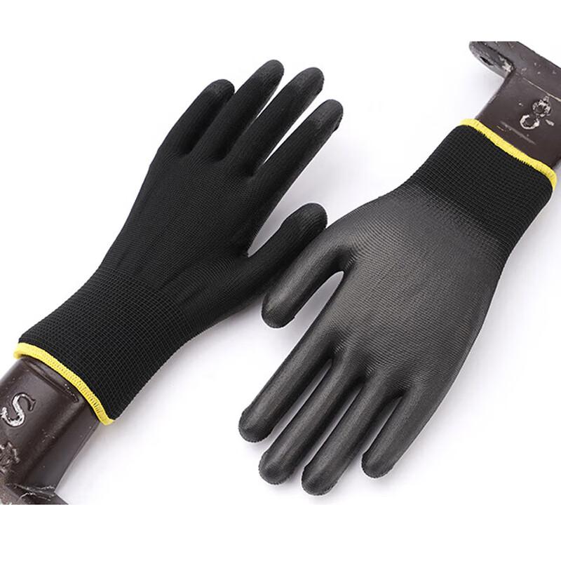 Black PU Coated Nylon Work Gloves, Lightweight Breathable Wear-Resistant Non-Slip, Rubber-Coated Leather, 12 Pairs, Size M