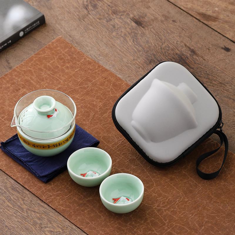 Portable celadon travel teacup tea set small set glass outdoor one pot three cups ceramic express cup brewing teapot