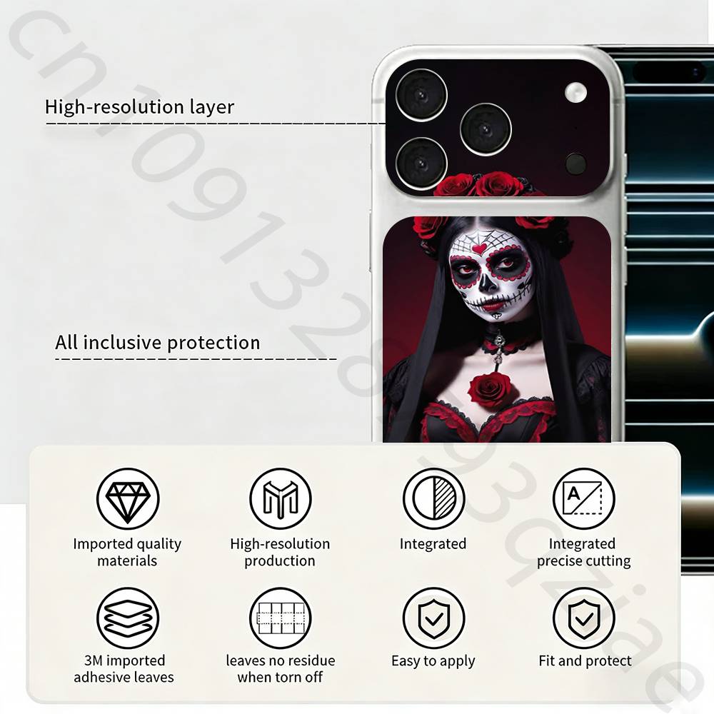 Мексиканский череп Катрины Для iPhone 17 pro Max /17 pro Полное покрытие Наклейка Кожаная Обмотка 3D Цветная Задняя Защитная Пленка-Наклейка