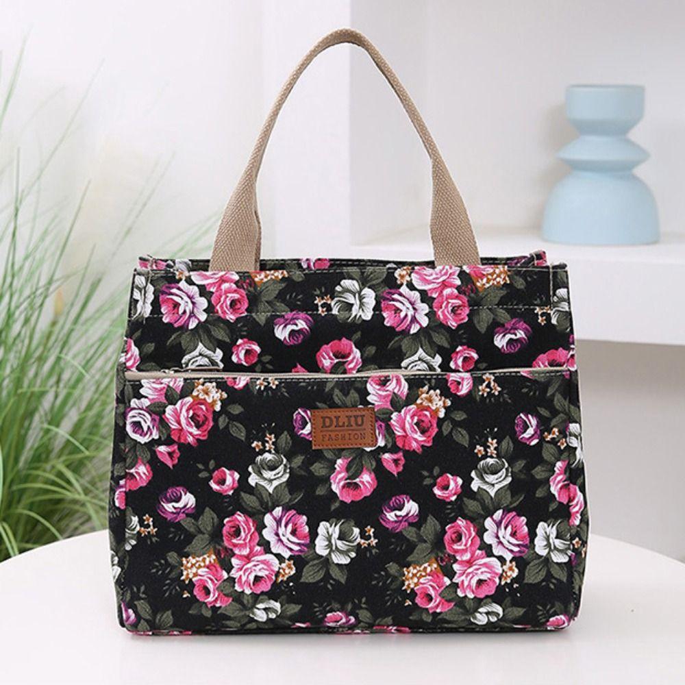 Large Capacity Casual Handbag Zipper Canvas Lunch Bag Portable Floral Print Tote Bag Picnic