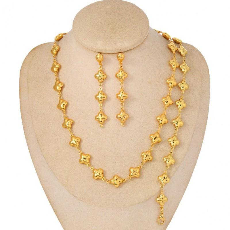 18K Gold Plated Clover Pendant Set Women Earring Necklace Bracelet Lightweight Fashion Jewelry