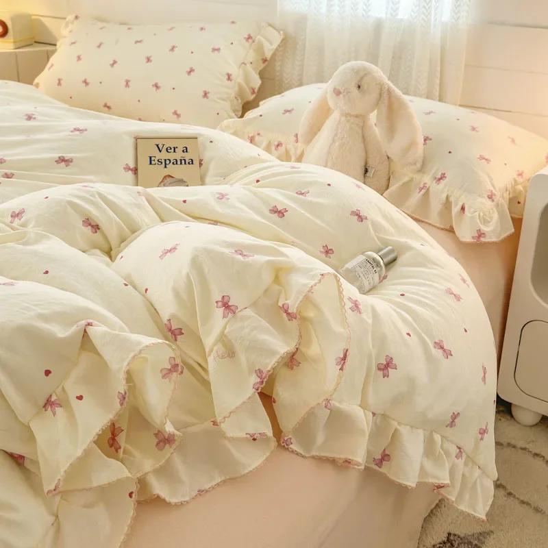 Princess Style Bedding Sets Ruffle Lace Bow Quilt Cover Romantic Bedclothes Decor Woman Girls Bedroom Duvet Cover 4pcs