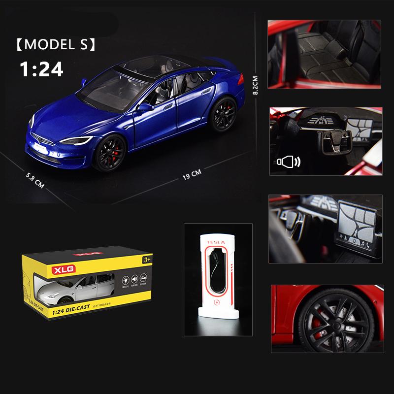 1/24 Scale Diecast Vehicle for Tesla Model S Model Car with Charging Station Collectible Sound Light Toy
