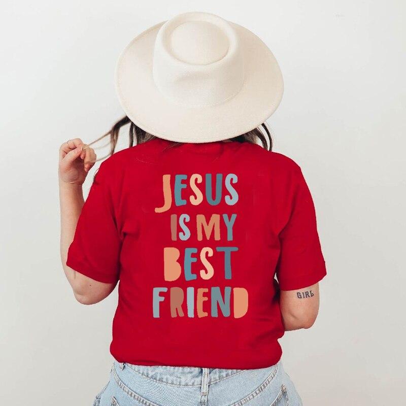 Женские футболки с принтом «Иисус мой лучший друг» сзади, хлопковая винтажная одежда, вдохновляющая футболка, повседневные топы с круглым вырезом, дропшиппинг