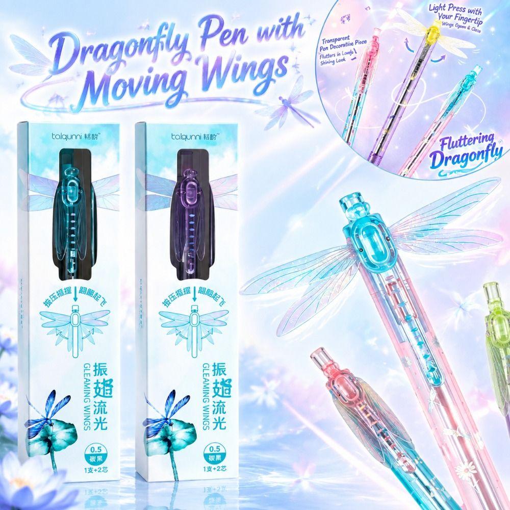 Retractable Gleaming Wings Dragonfly Pen with Two Pen Refills Gel Pens Stationery Supplies
