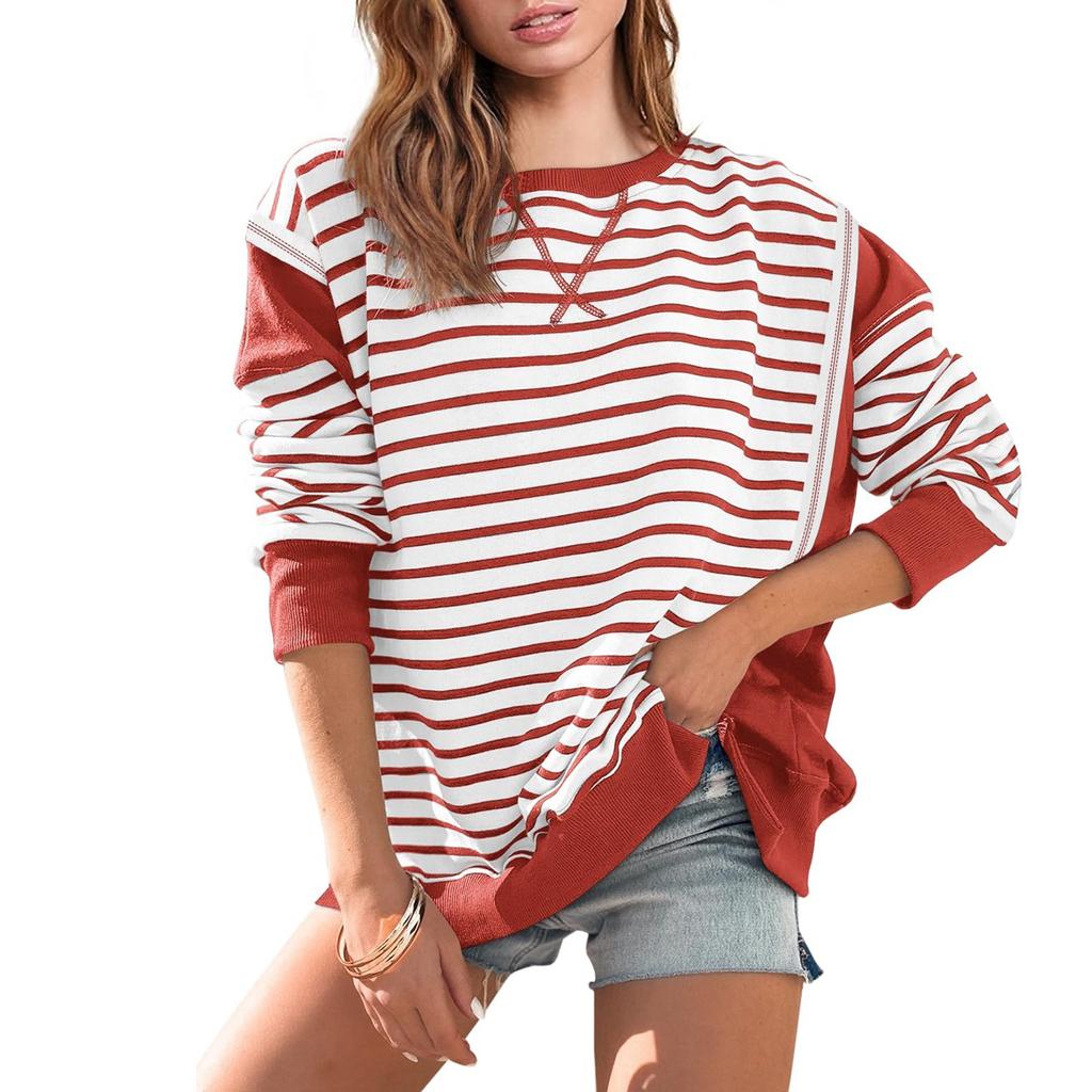 Большие толстовки для женщин свободного кроя с круглым вырезом в полоску с цветными блоками и длинными рукавами