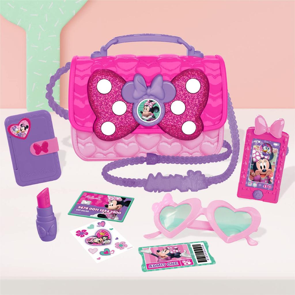 Набор сумочек Minnie Mouse Bowfabulous от Disney Junior, 9 предметов, игрушечная сумочка для ролевых игр со световыми и звуковыми эффектами, мобильный телефон, солнцезащитные очки и аксессуары