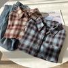 Women's Retro Plaid Brushed Shirt, Autumn/Winter Korean Style, Color Block, Loose Polo Collar, Thick Casual Top.