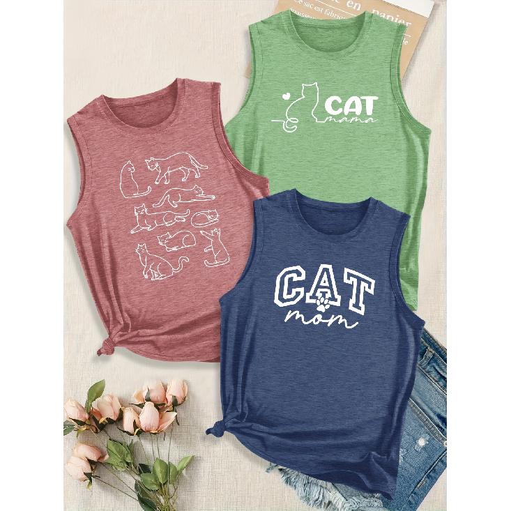 Simple lines, heart-shaped kitty, English letter series, sister outfit with printed pattern, round neck3Sleeveless vest spring/summer women's top