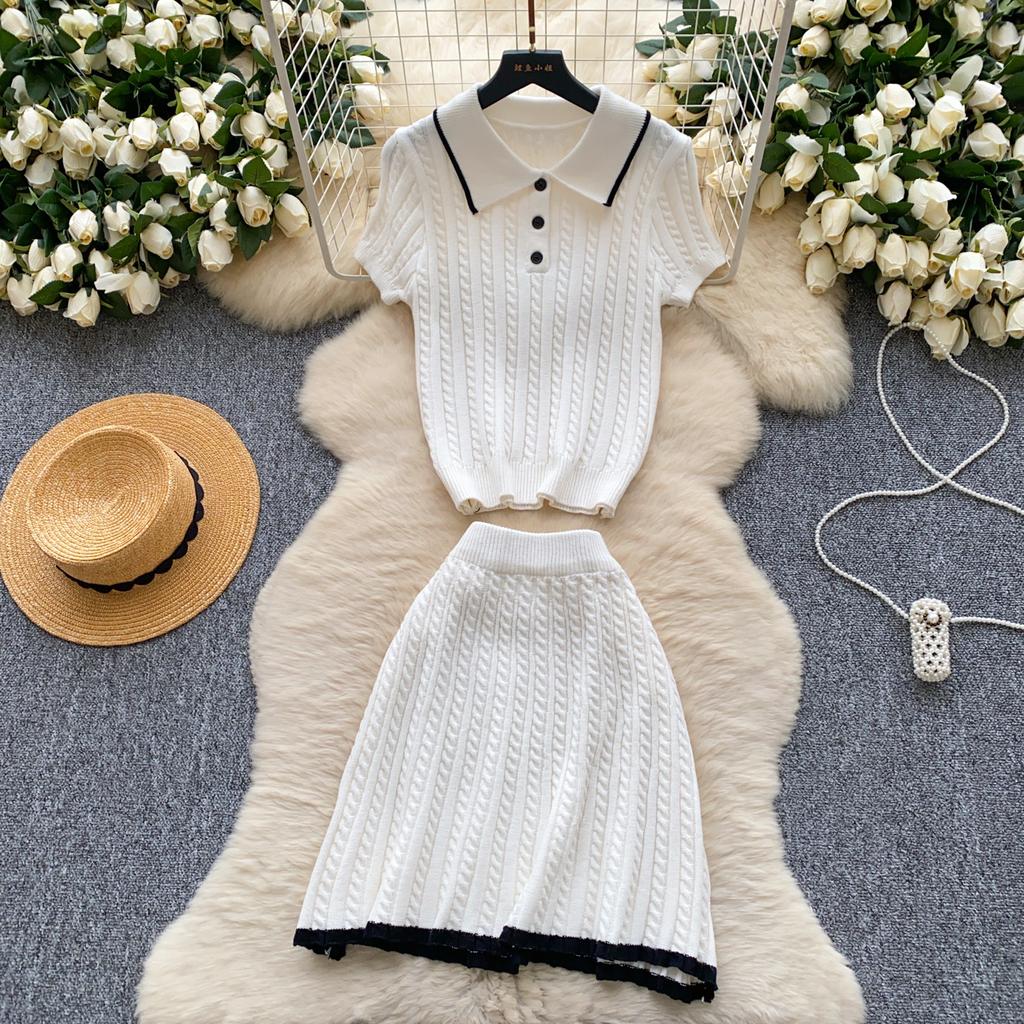Модные трикотажные костюмы из двух предметов, обтягивающие рубашки поло с короткими рукавами и короткая юбка, женские простые летние комплекты