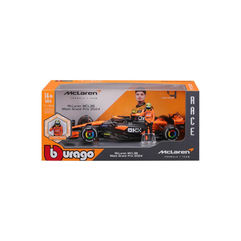 Bburago 2024 Model Scale F1 McLaren MCL38 with Lando Norris Figure Race Sports Car Diecast Model Car 1/24 #4 / 18-28040 (#4)