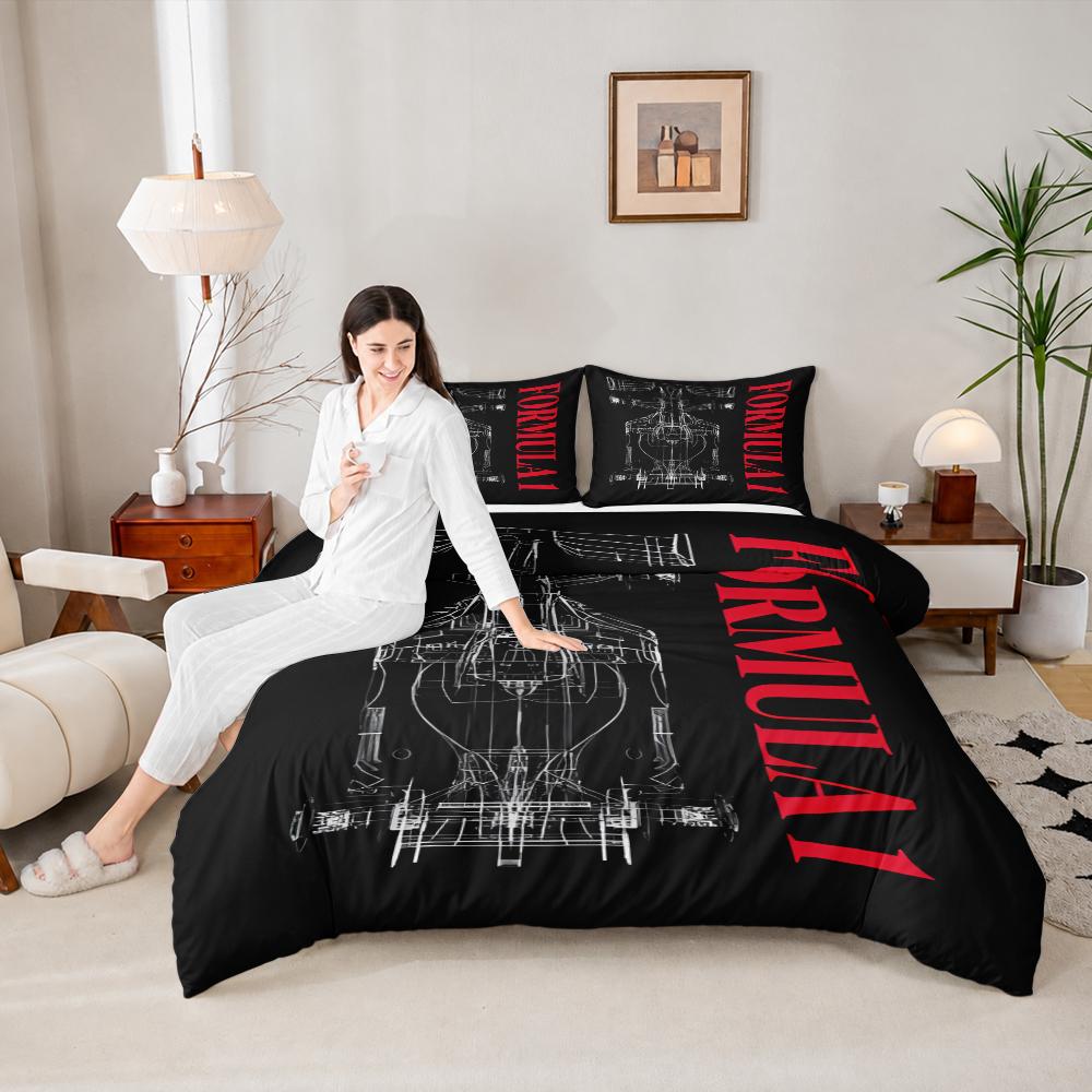Formula 1 Wireframe Car Blueprint 3-Piece Quilt Cover Set with Pillowcases for Dorm Room Decor