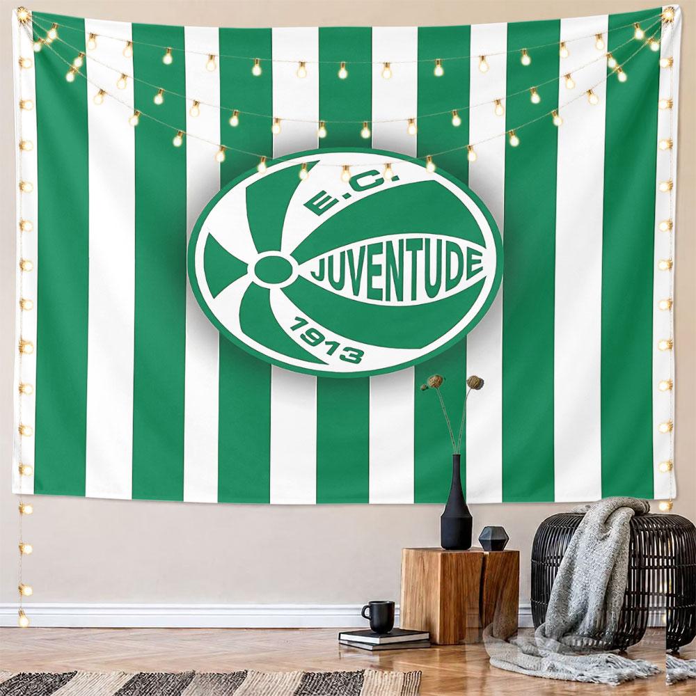 Green and white vertical stripes with a circular logo in the center. Patterned tapestry for bedroom and living room home decor