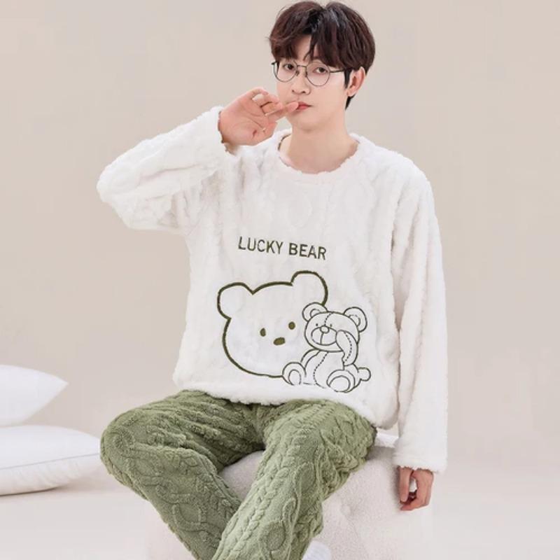 Autumn and Winter Flannel Pajamas Men's Thicken Coral Fleece Youth Student Warm Korean Pijamas Casual Loungewear
