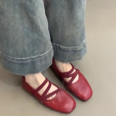 Версия из овчины~ Французские туфли Мэри Джейн с красными перекрестными ремешками, балетки с мелким вырезом, женские туфли на плоской подошве, вечерние туфли в стиле феи