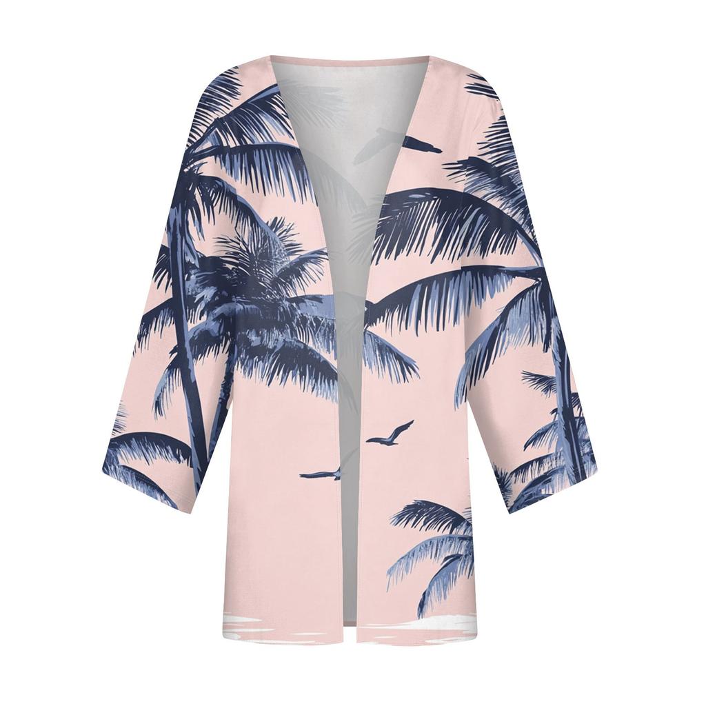 Women's Casual Fashion Beach Ocean Tree Print Lightweight Mid-Length Jacket Cardigan