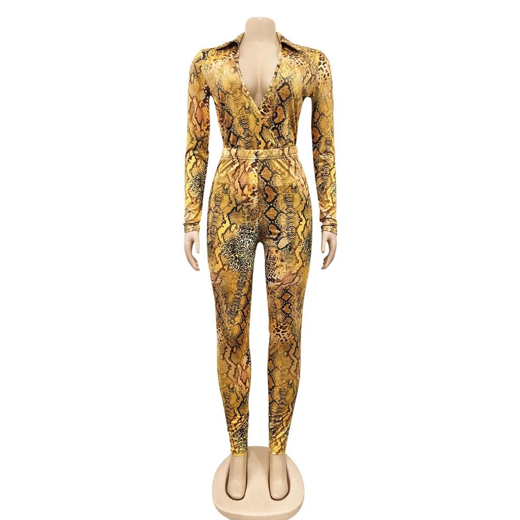 Европейская и американская мода V-образный вырез цифровая печать длинный рукав комплект брюк