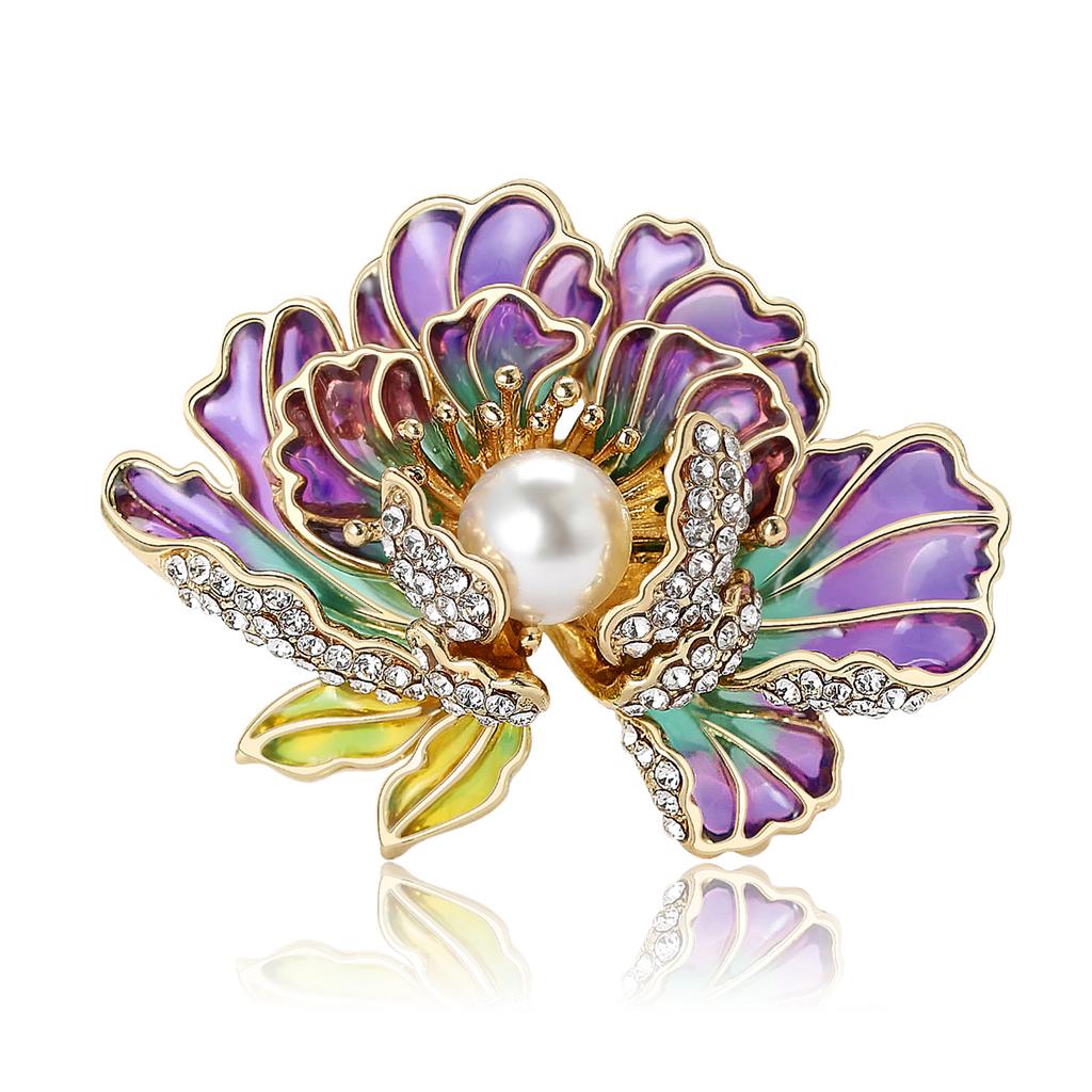 Beaut&Berry Elegant Pearl Peony Flower Brooches for Women Rhinestone Plant Pin Luxury Banquet Wedding Jewelry Friends Gifts
