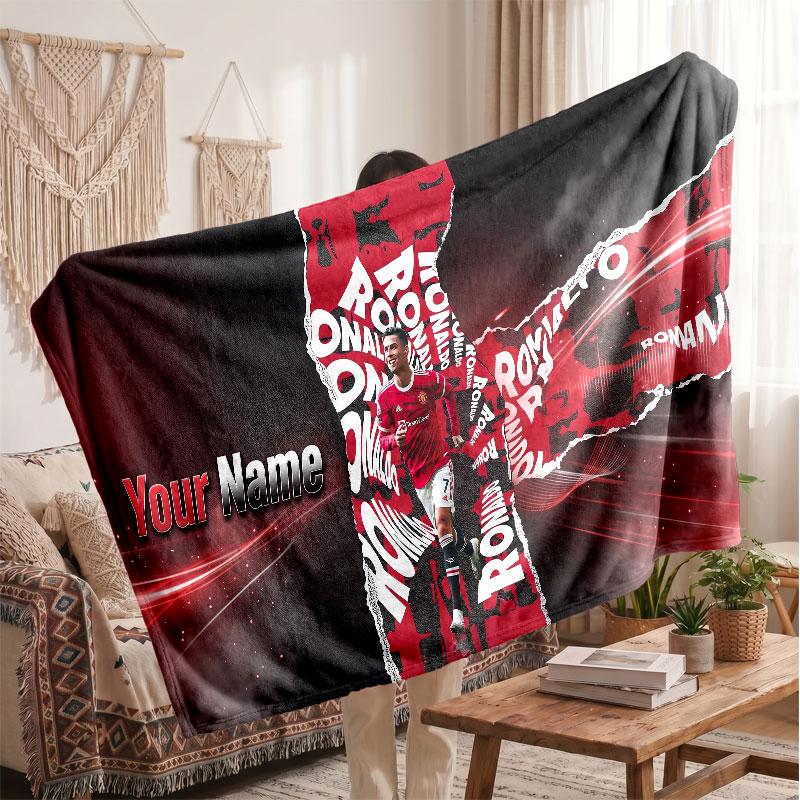Cristiano Ronaldo Personalized Fleece Blanket With Football Logo, Custom Name Text Soft Warm Home Throw Blanket