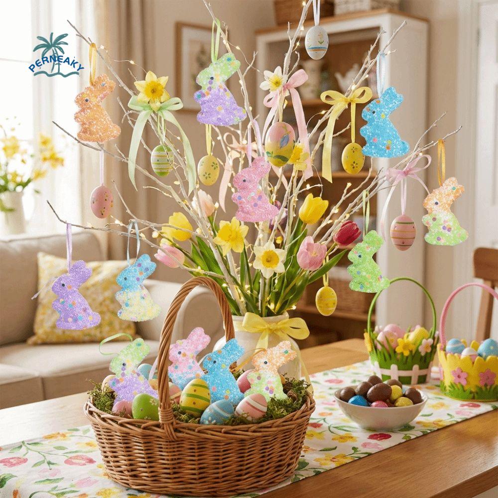 6Pcs Handmade Colorful Foam Easter Rabbit Animal Mold Painted Easter Tree Pendants Sparkle Hanging Easter Bunny Decor Kids Gift