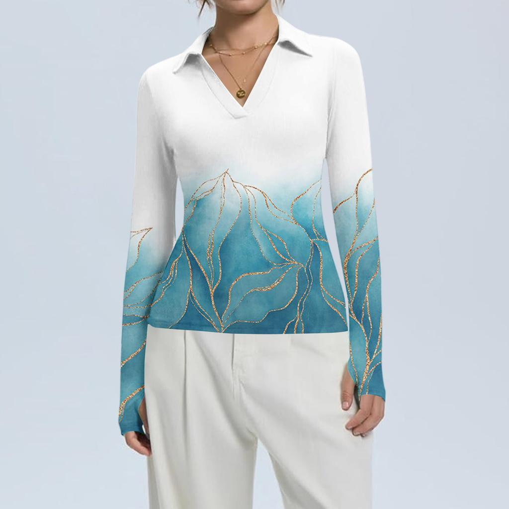 Женская Мода Повседневный Принт V-образный Вырез Длинный Рукав Застежка на Пуговицы Топ