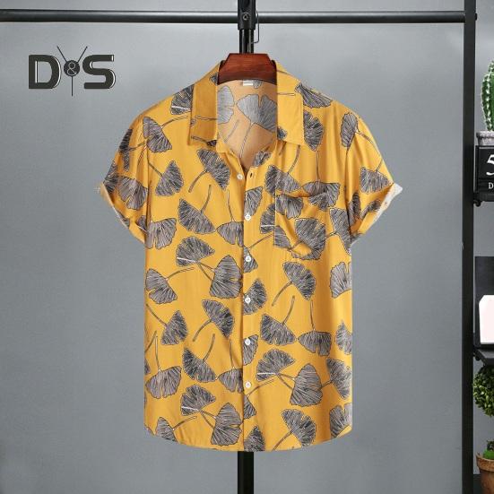 Мужская летняя пляжная рубашка с цветочным принтом и лацканами, свободный мягкий однобортный нагрудный карман с короткими рукавами, гавайский топ средней длины для отпуска