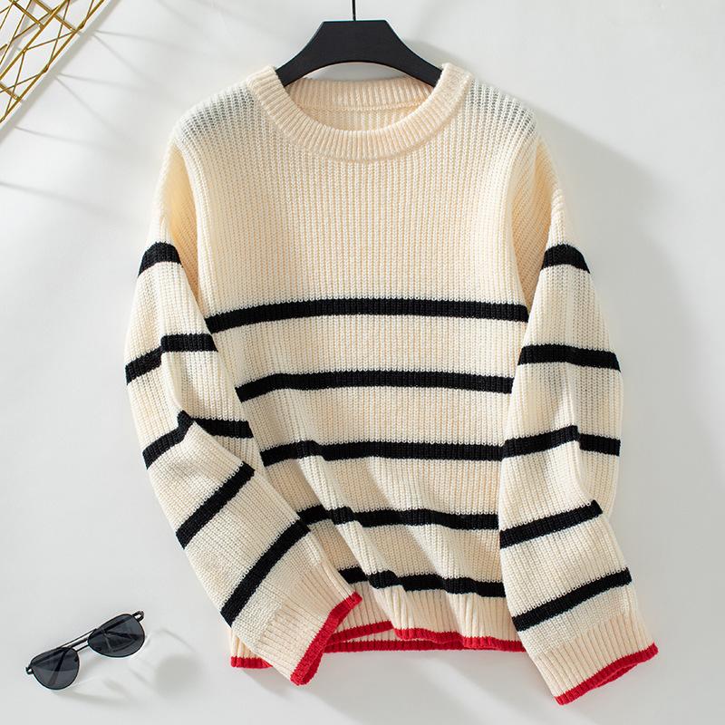 GMXIA Autumn Winter Sweater Spliced Striped Pullover Crew Neck Sweater for Women