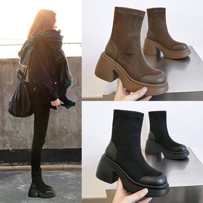 Европейские осенние и зимние кожаные эластичные ботинки на толстой подошве, женские повседневные ботильоны Joker на толстом каблуке в стиле ретро.