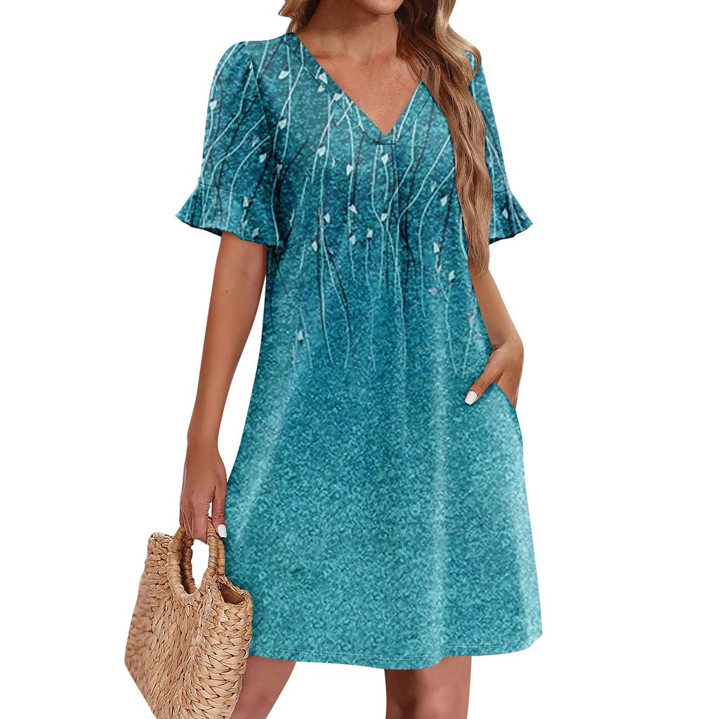 Летние платья для женщин с V-образным вырезом, оборками и коротким рукавом, повседневное свободное платье с принтом, пляжное платье с карманами