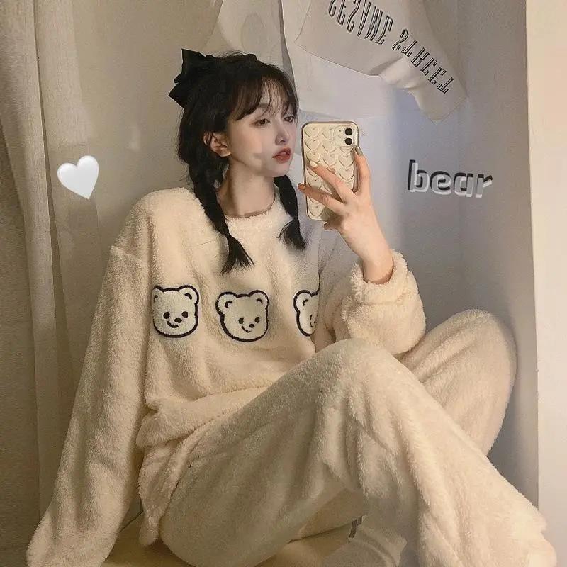 Women's Cute Cartoon Bear Coral Fleece Pajamas Set Thickened Warm Soft Flannel Outer Wear Home Wear Set Loose Pullover Pants Set