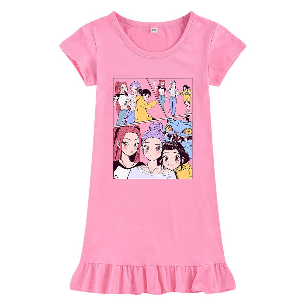 M1238 Kids Girls Kpop Rumi Zoey Mira Print Short Sleeves Ruffle Dress