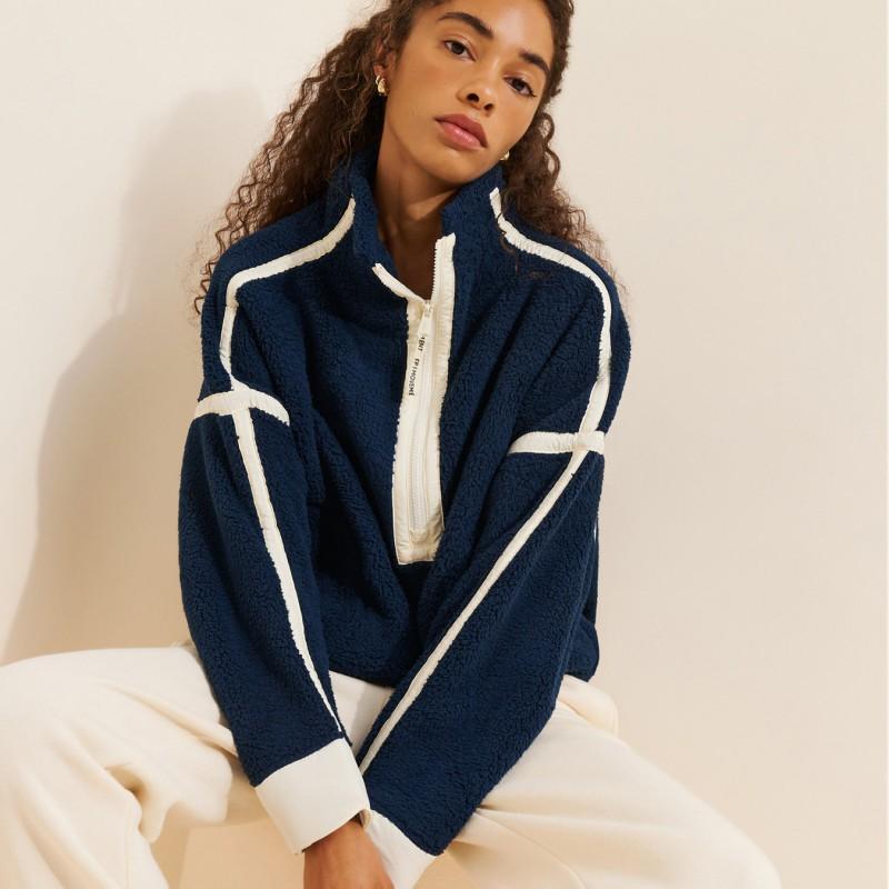 Womens Color Block Stand Collar Half Zip Fleece Sweatshirt Loose Street Sporty Top