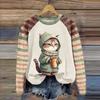 2025 Европейский и американский кошачий женский рождественский тематический 3D-принт Свободный вязаный модный высококлассный топ-футболка с длинным рукавом