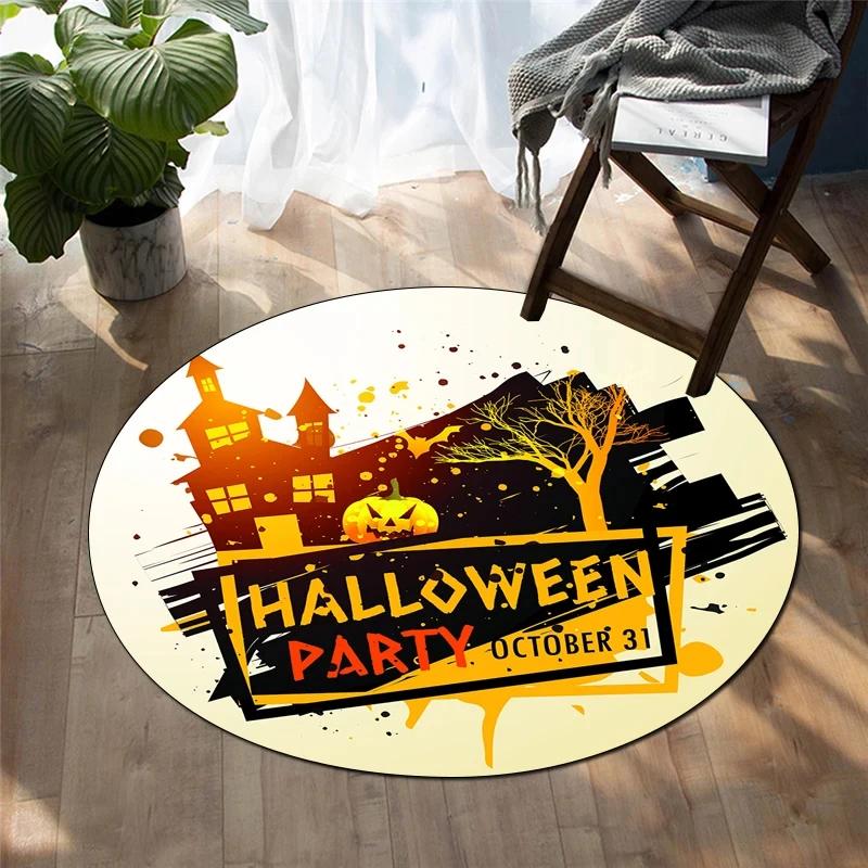 Happy Halloween Round Carpet Castle Bat Print Area Rug for Living Room Bedroom Chair Non Slip Horror Theme Floor Mats Yoga Mat