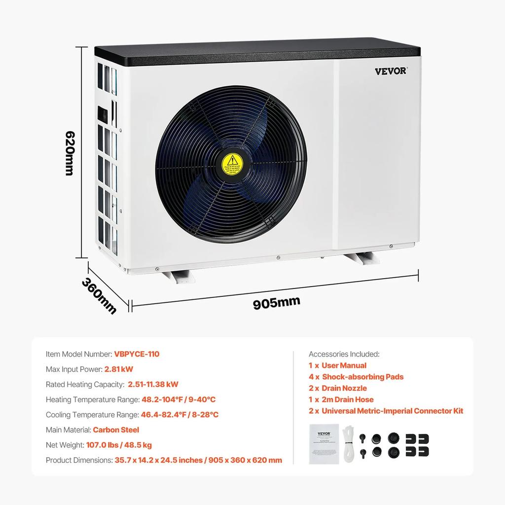 VEVOR Electric Pool Heat Pump, 2.51-11.38kW Heating Capacity, Energy-Saving Variable Frequency Pool Heaters for 25-50m³Above Ground Pools