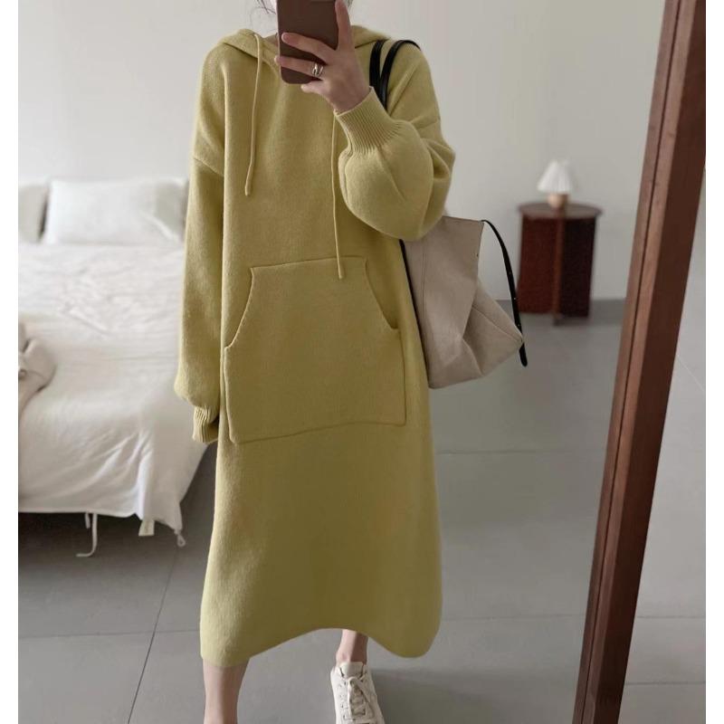 Autumn and Winter Women's Sweatshirt Dress Mid-Length Hooded Knit Dresses Fashion Casual Sweatshirt Pockets French Plus Size Sweater Dresses