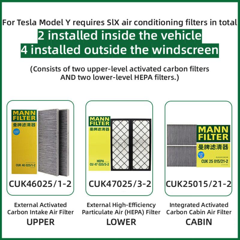 MANN FILTER For Tesla Model Y Model 3 EV HEPA Carbon Cabin Filter Kit 6PCS FP25015 CUK25015 CUK46025 CU47025 Build-in Air Filter