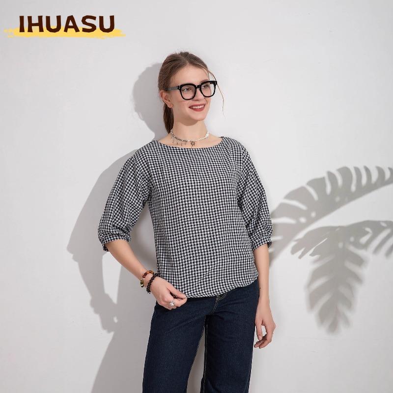 IHUASU Женские модные повседневные блузки и рубашки с круглым вырезом и длинным рукавом