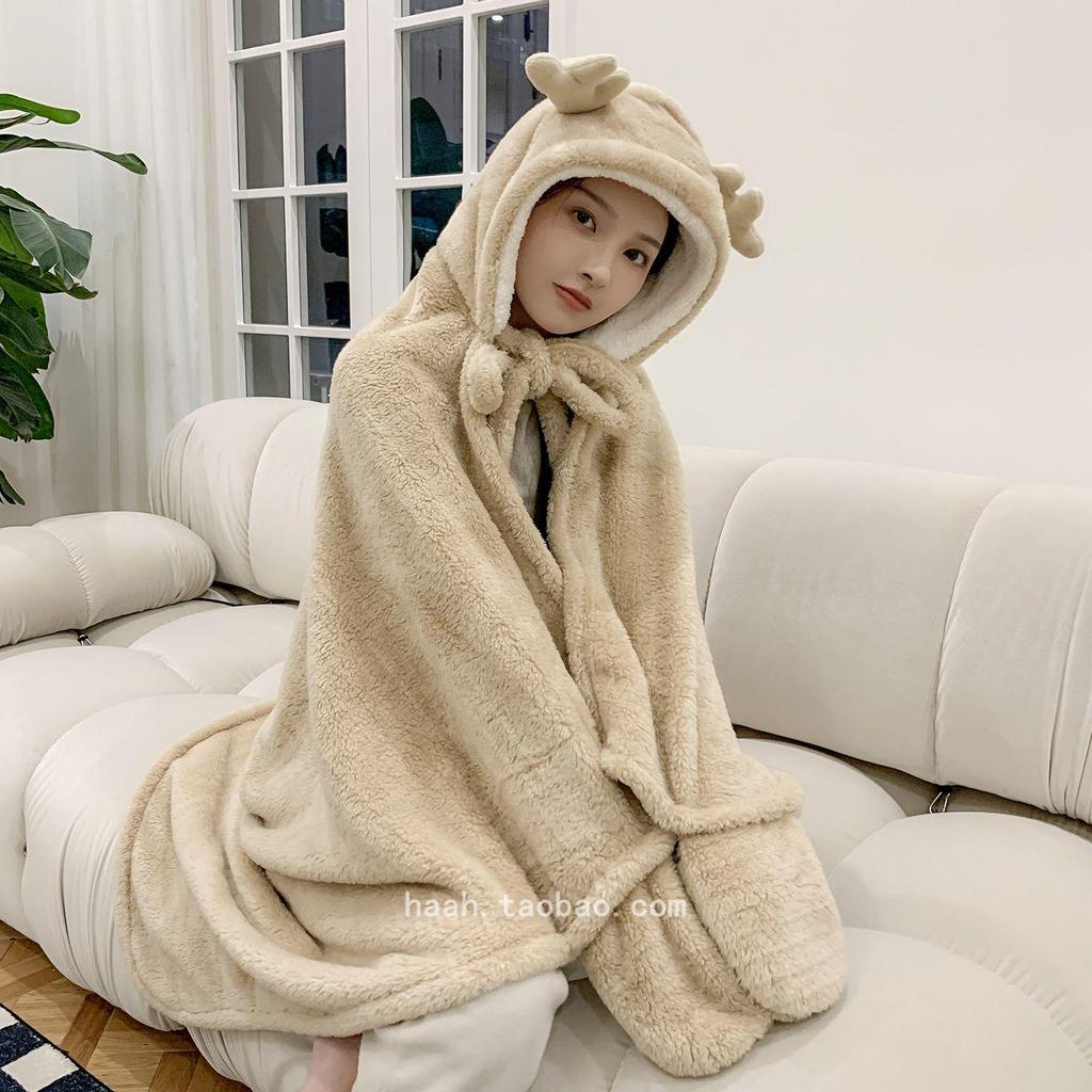 Уютная шаль с кроличьими ушками для осени и зимы - Толстое, милое одеяло для офиса, студентов или для сна