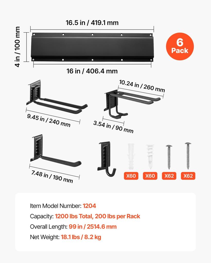 Garage Tool Organizer 2514.6 mm 544 kg Wall Mount Garden Tool Rack, Heavy Duty Garage Hanging Storage Rack Organization with 6 Rails and 16 Adjustable