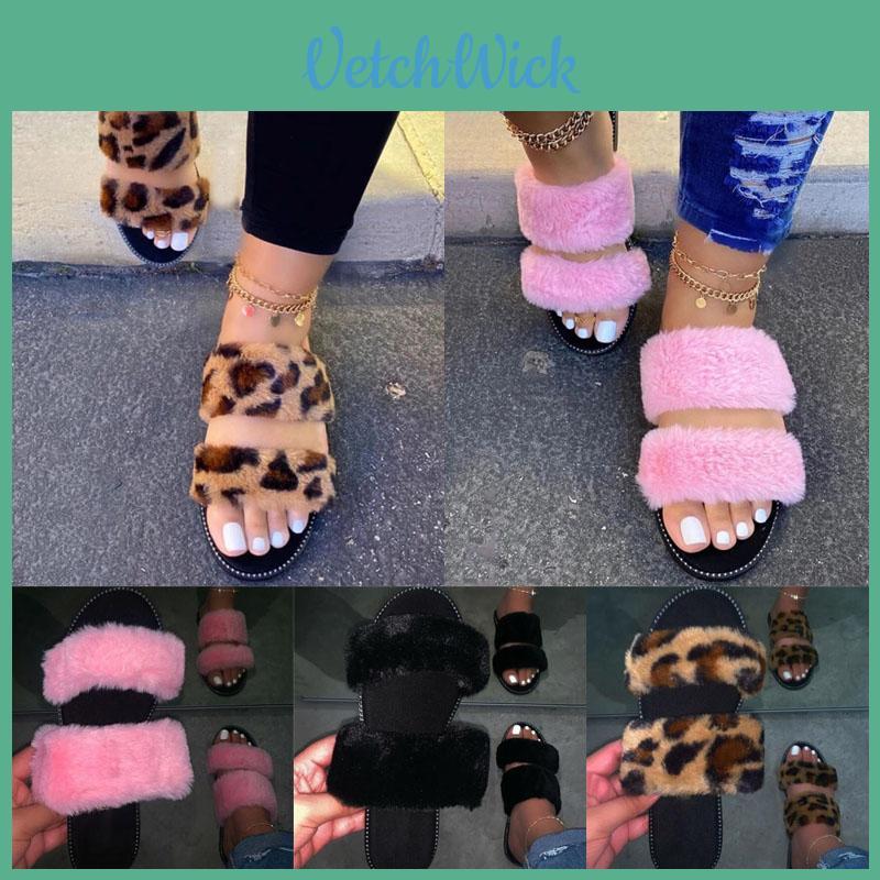 Stylish Leopard Printed Women Fur Fluffy Sliders Slippers For Casual Wear