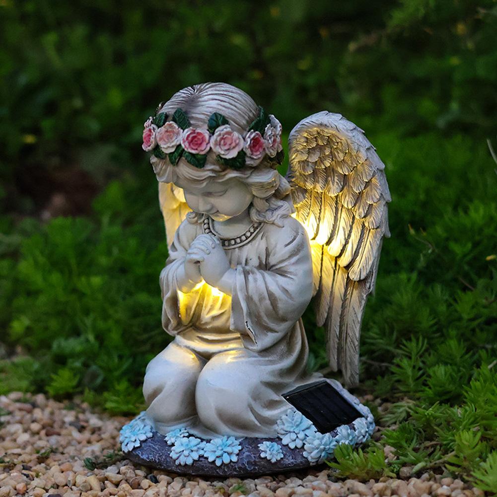 Angel Garden Statue, Solar Resin Praying Angel Figurine Sculpture With Lights, Housewarming Decor For Outdoor Garden Patio Lawn Yard Porch Decor